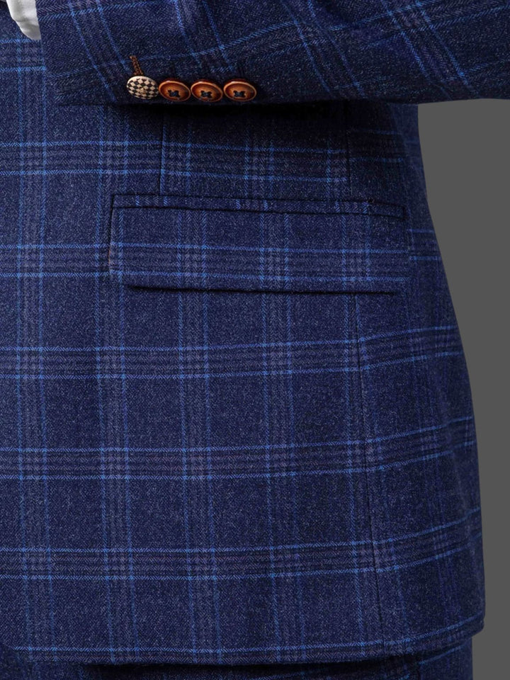 Marc Darcy Chigwell Men's Blue Tweed Check Three Piece Suit with two  side pockets and center vent