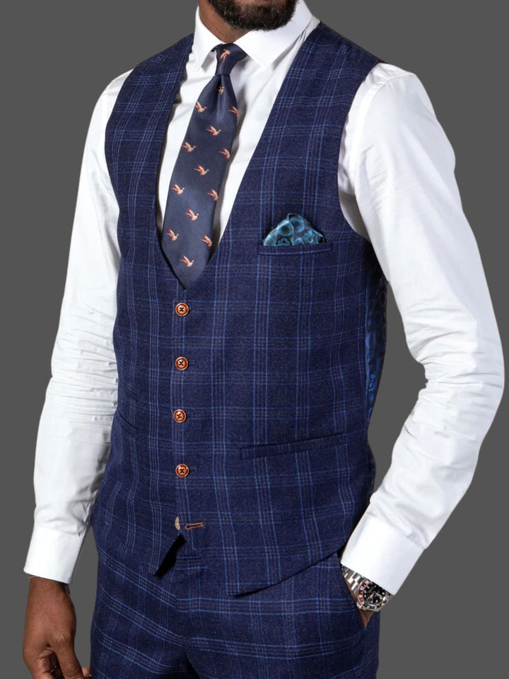 Marc Darcy Chigwell Men's Blue Tweed Check Three Piece Suit with Blue Check Waistcoat