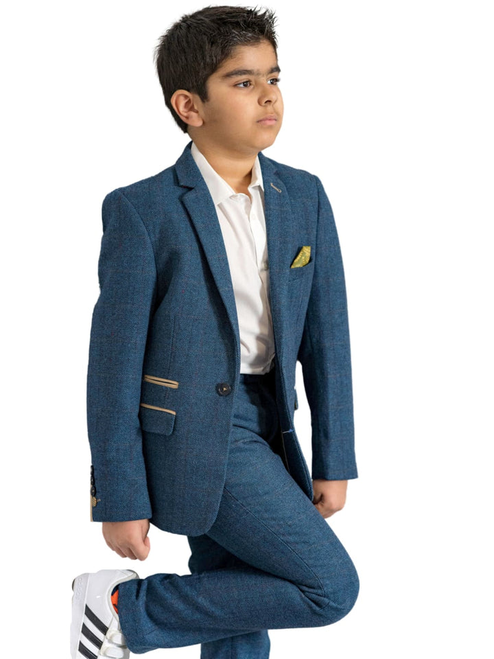 Marc Darcy Dion Boy’s Blue Tweed Check Three Piece Suit - Suit & Tailoring