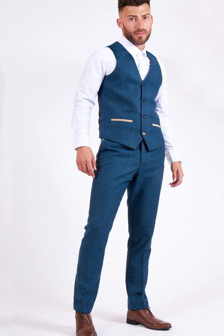 Marc Darcy Dion Mens Blue Slim Fit Check Tweed Waistcoat - Suit & Tailoring
