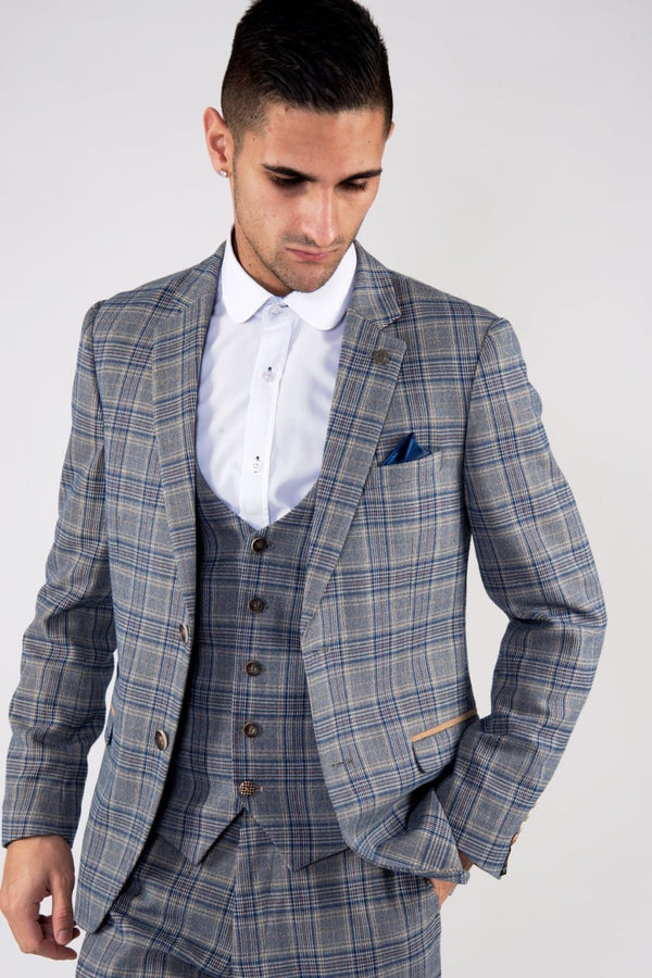 Marc Darcy Enzo Blue Stone Tweed Check Blazer - Suit & Tailoring