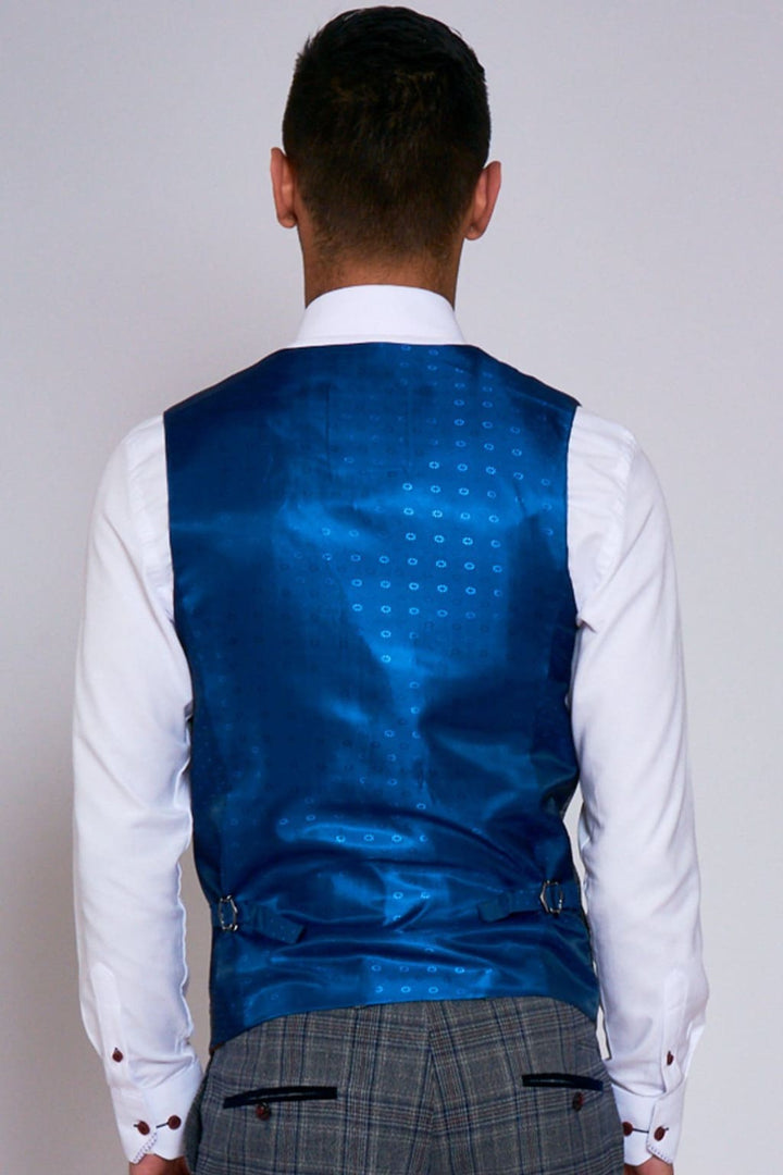 Marc Darcy ENZO Grey Mens Blue Check Tweed Waistcoat - Suit & Tailoring