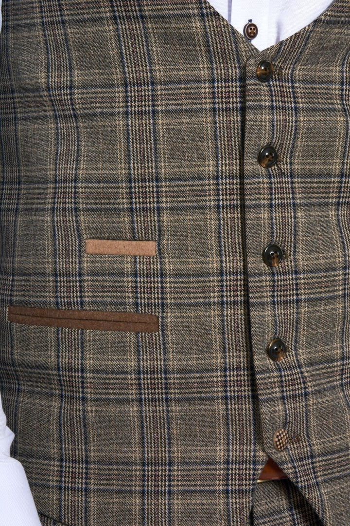 Marc Darcy Enzo Tan Check Tweed Single Breasted Waistcoat - Suit & Tailoring