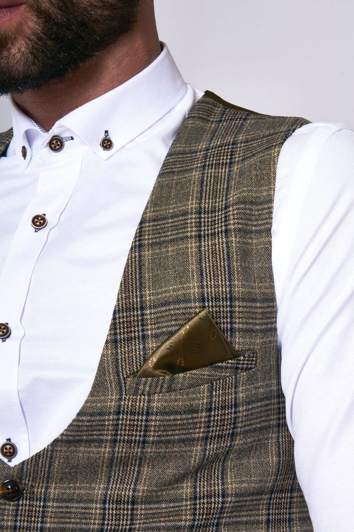 Marc Darcy Enzo Tan Check Tweed Single Breasted Waistcoat - Suit & Tailoring