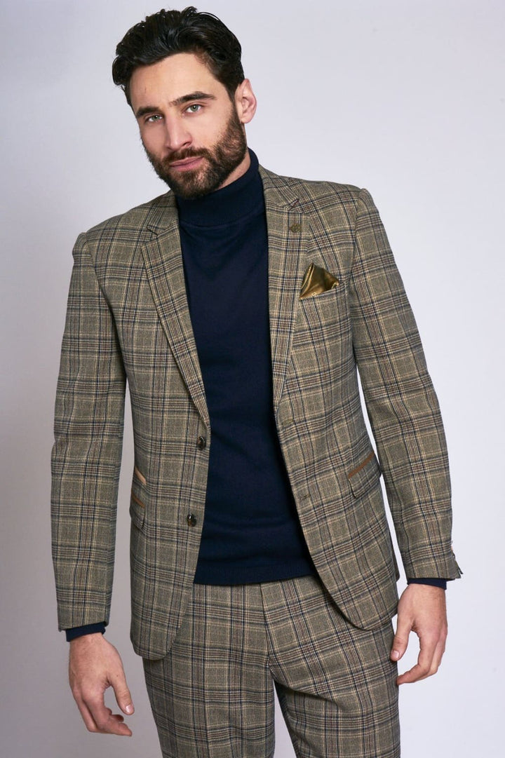 Marc Darcy Enzo Tan Tweed Check Blazer - Suit & Tailoring