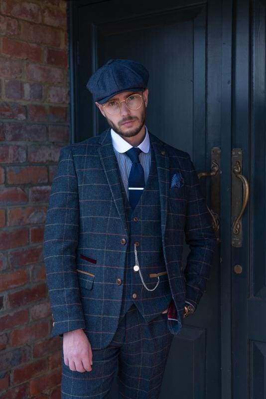 Marc Darcy Eton Mens Blue Slim Fit Tweed Check Blazer - 34R | EU44 - Suit & Tailoring