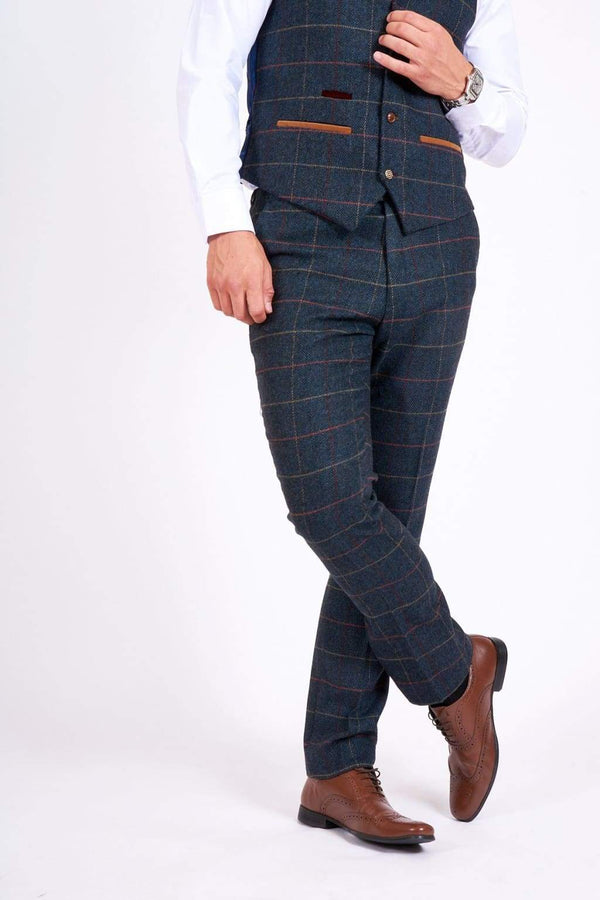 Marc Darcy Eton Mens Blue Slim Fit Tweed Check Suit Trousers - Suit & Tailoring