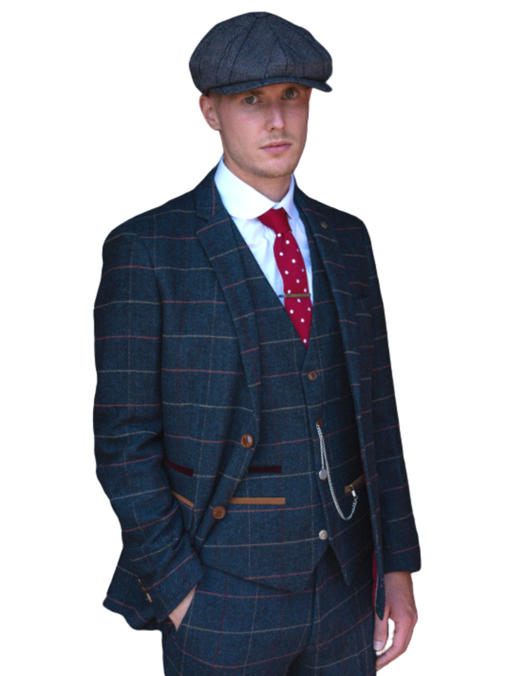 Navy Blue Tweed Check Three Piece Suit Eton by Marc Darcy - Suit & Tailoring