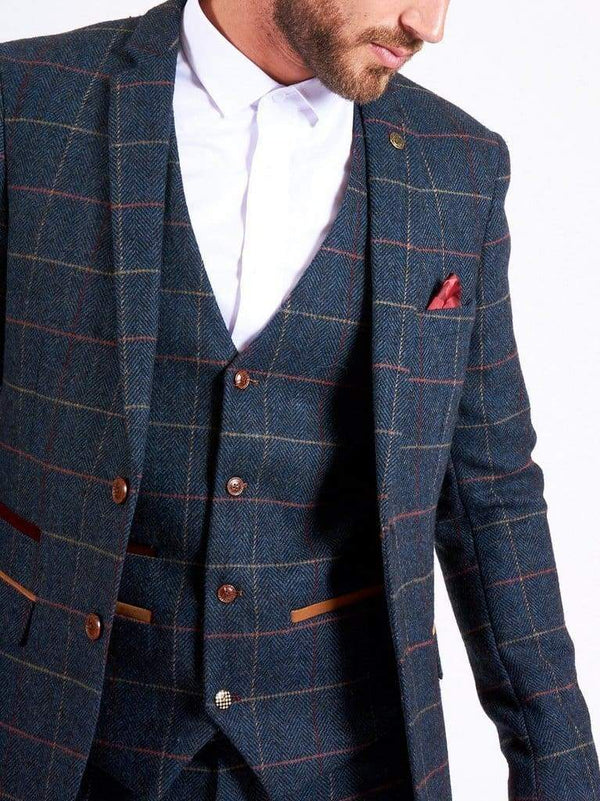 Marc Darcy Eton Navy Blue Tweed Check 3 Piece Suit - MENSWEARR.COM - Men’s Tweed Suits