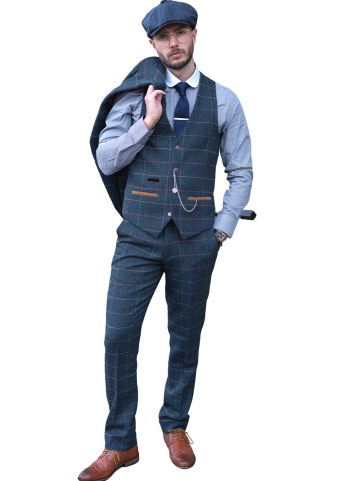 Navy Blue Tweed Check Three Piece Suit Eton by Marc Darcy - Suit & Tailoring