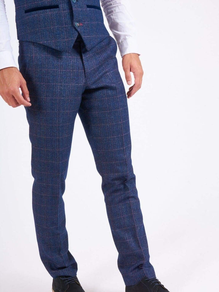 Marc Darcy Harry Mens Blue Slim Fit Tweed Check Suit Trousers - 28R - Suit & Tailoring