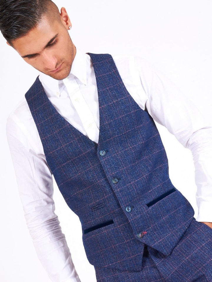 Marc Darcy Harry Mens Blue Slim Fit Tweed Check Suit Waistcoat - 34R | EU44 - Suit & Tailoring