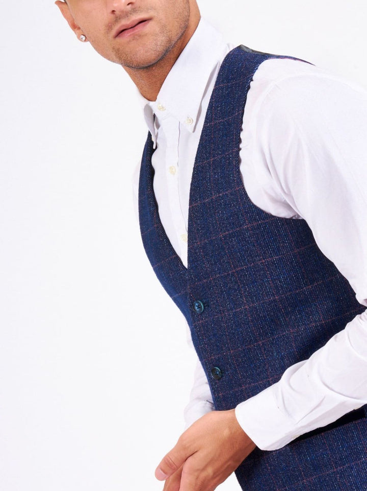 Marc Darcy Harry Mens Blue Slim Fit Tweed Check Suit Waistcoat - Suit & Tailoring