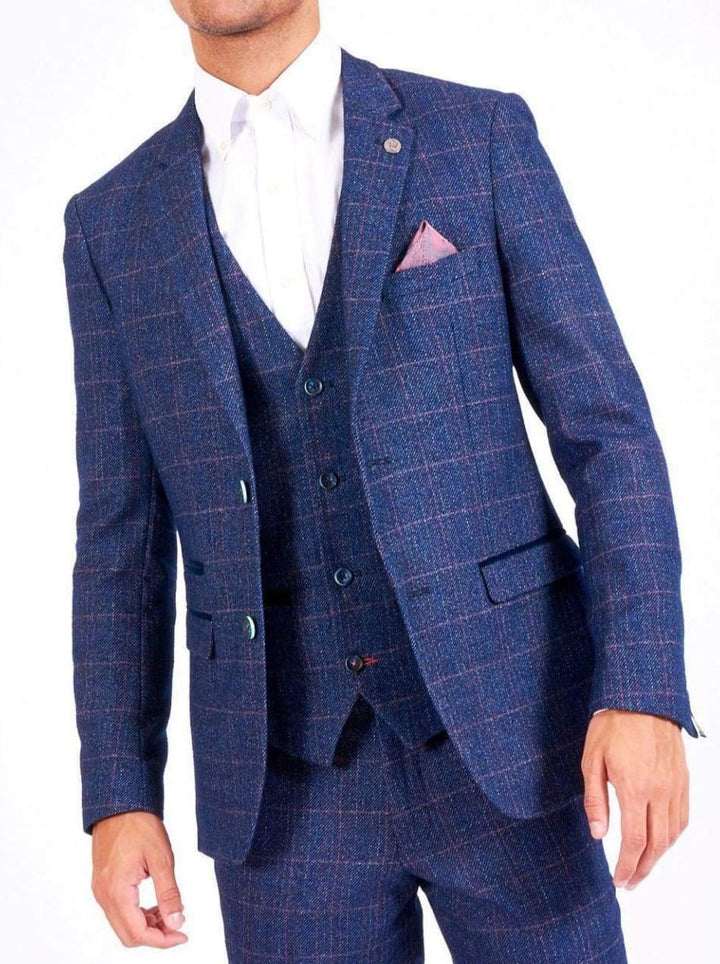 Marc Darcy Harry Mens Blue Slim Fit Tweed Check Suit Jacket - Suit & Tailoring