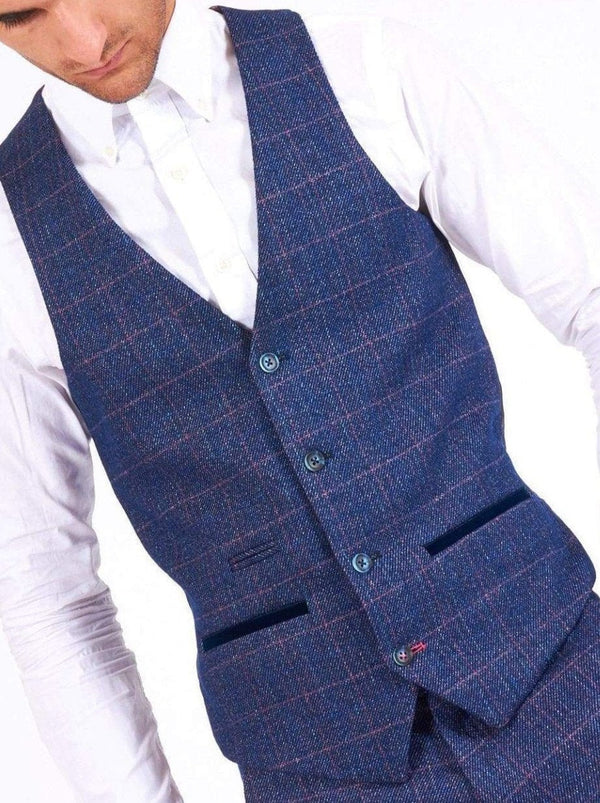 Marc Darcy Harry Mens Blue Slim Fit Tweed Check Suit Waistcoat - 34R | EU44 - Suit & Tailoring