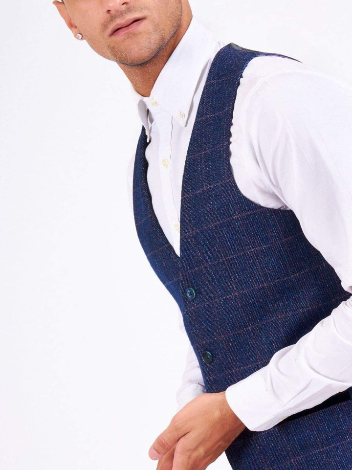 Marc Darcy Harry Mens Blue Slim Fit Tweed Check Suit Waistcoat - Suit & Tailoring