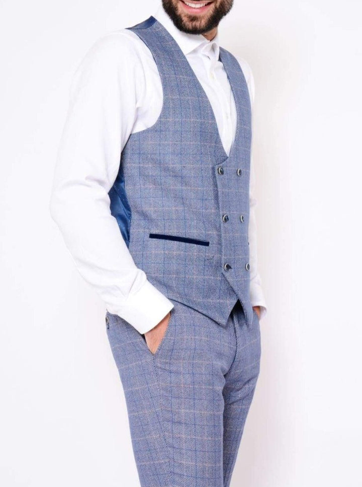 Marc Darcy Hilton Blue Tweed Check Double Breasted Waistcoat - 34R - Suit & Tailoring