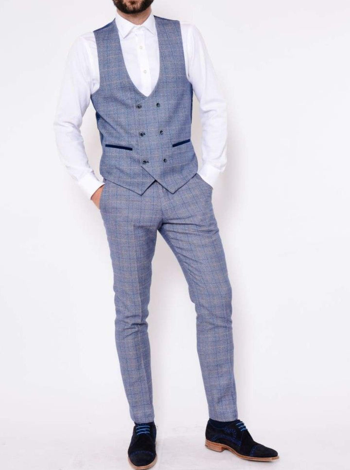 Marc Darcy Hilton Blue Tweed Check Double Breasted Waistcoat - Suit & Tailoring
