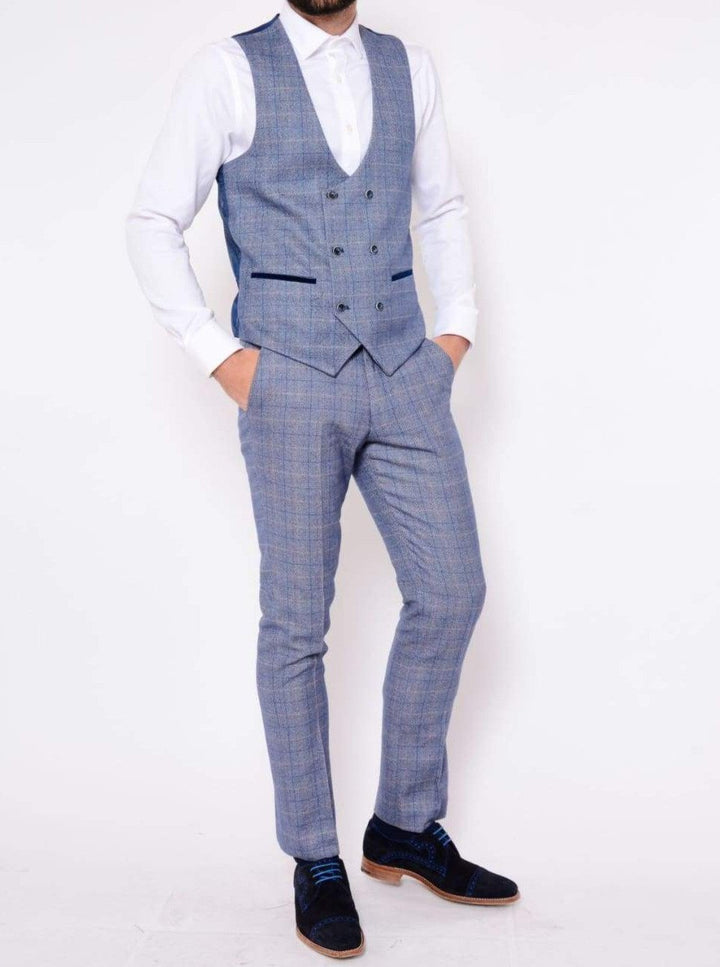 Marc Darcy Hilton Blue Tweed Check Double Breasted Waistcoat - Suit & Tailoring