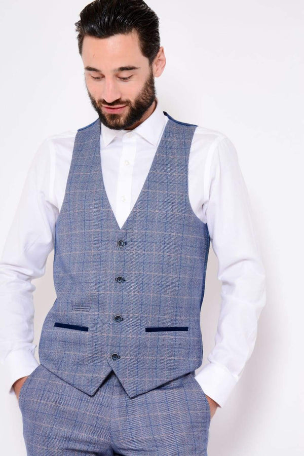 Marc Darcy Hilton Blue Tweed Check Single Breasted Waistcoat - 34R - Suit & Tailoring
