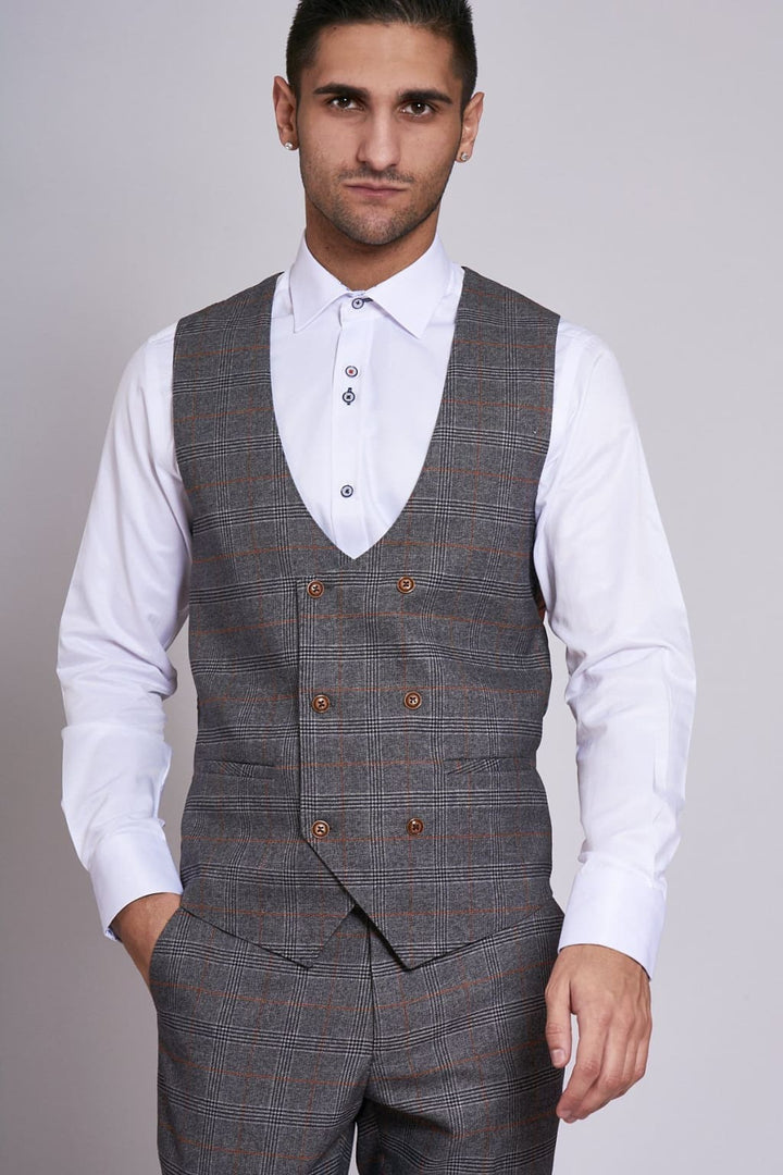 JENSON - Grey Check Double Breasted Waistcoat - 34R - Suit & Tailoring