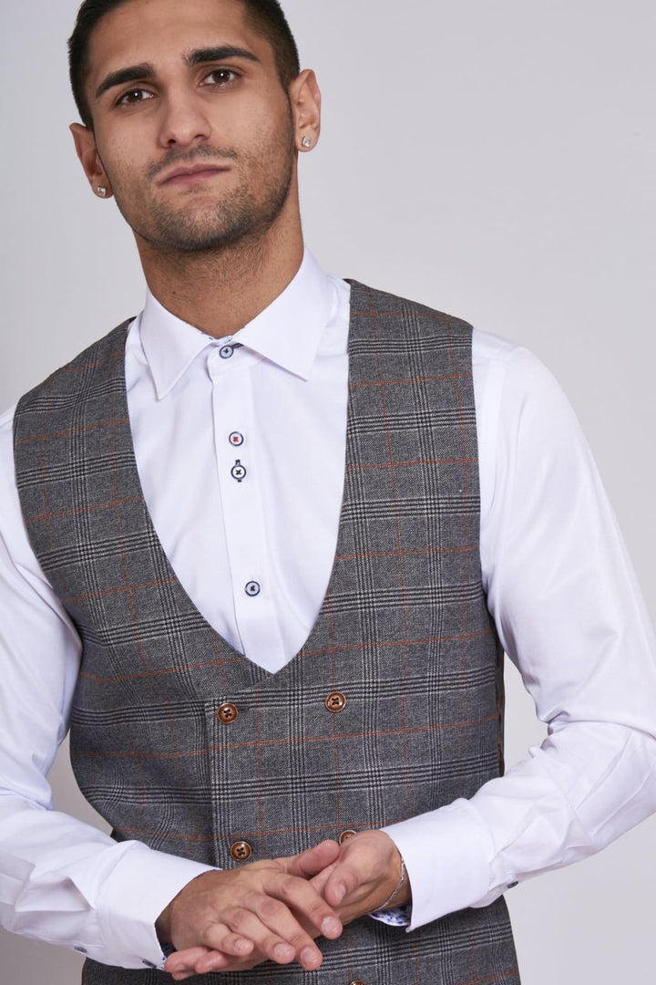 JENSON - Grey Check Double Breasted Waistcoat - Suit & Tailoring