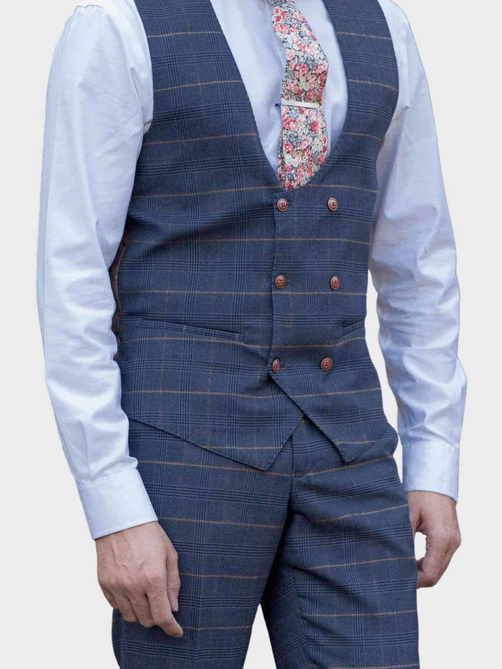 Marc Darcy Jenson Marine Navy Check Double Breasted Waistcoat - Suit & Tailoring