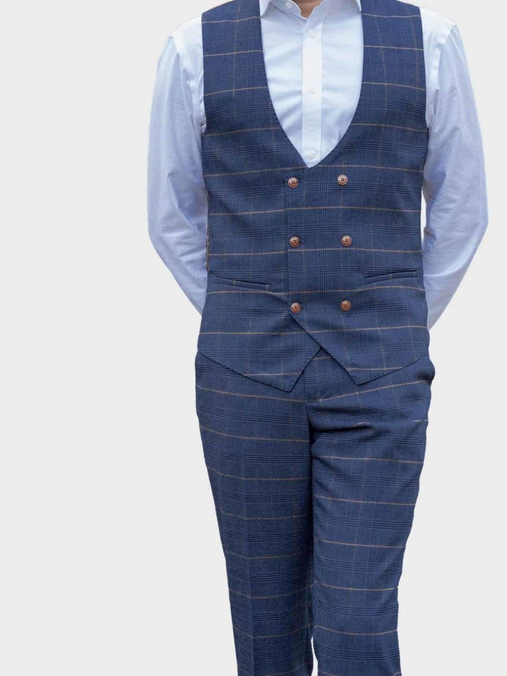 Marc Darcy Jenson Marine Navy Check Double Breasted Waistcoat - Suit & Tailoring