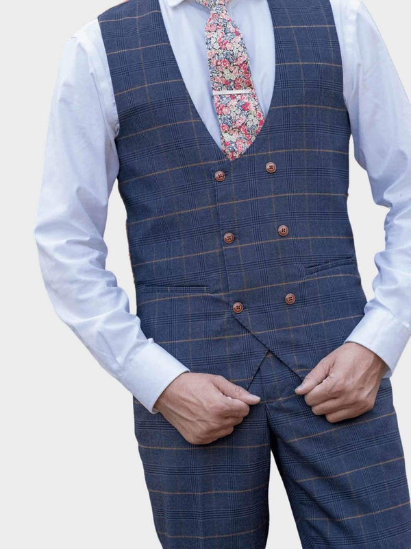 Marc Darcy Jenson Marine Navy Check Double Breasted Waistcoat - 34R - Suit & Tailoring
