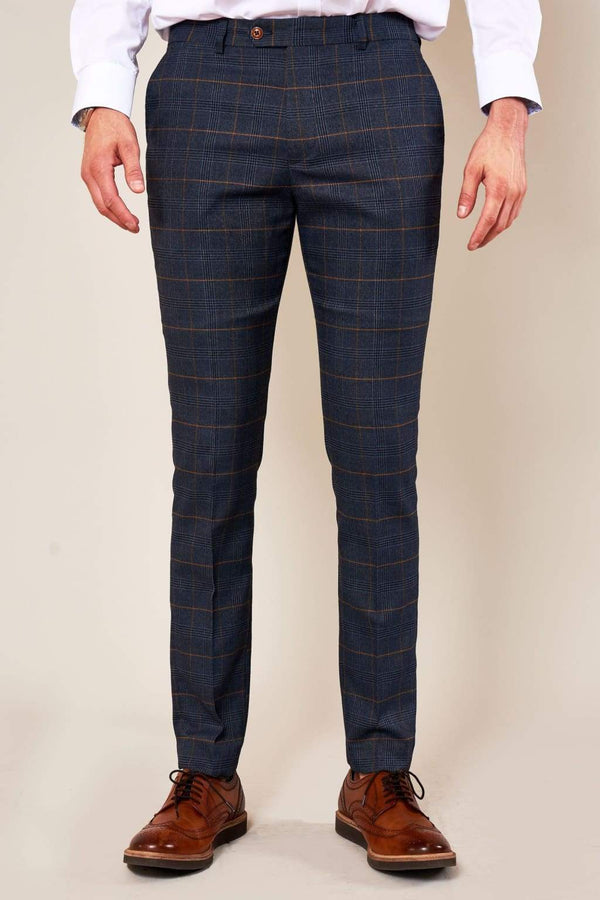 Marc Darcy Jenson Skinny Fit Marine Navy Check Trousers - Suit & Tailoring