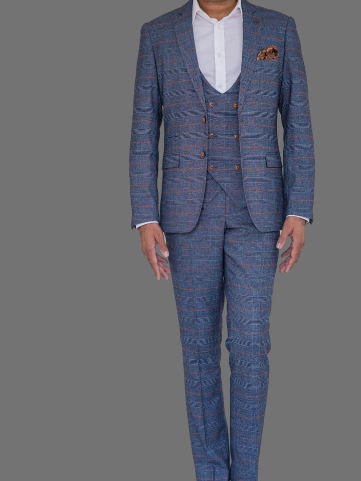 Marc Darcy Jenson Sky Blue Check 3 Piece Suit - Suit & Tailoring