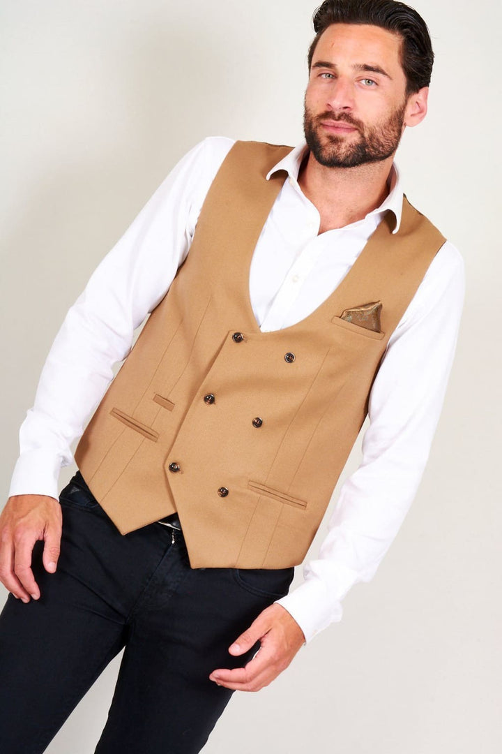 Marc Darcy Kelly Men’s Tan Double Breasted Waistcoat - Suit & Tailoring