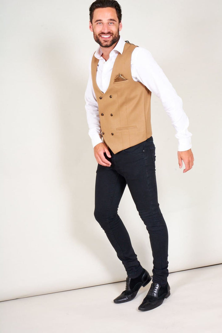 Marc Darcy Kelly Men’s Tan Double Breasted Waistcoat - 36 - Suit & Tailoring