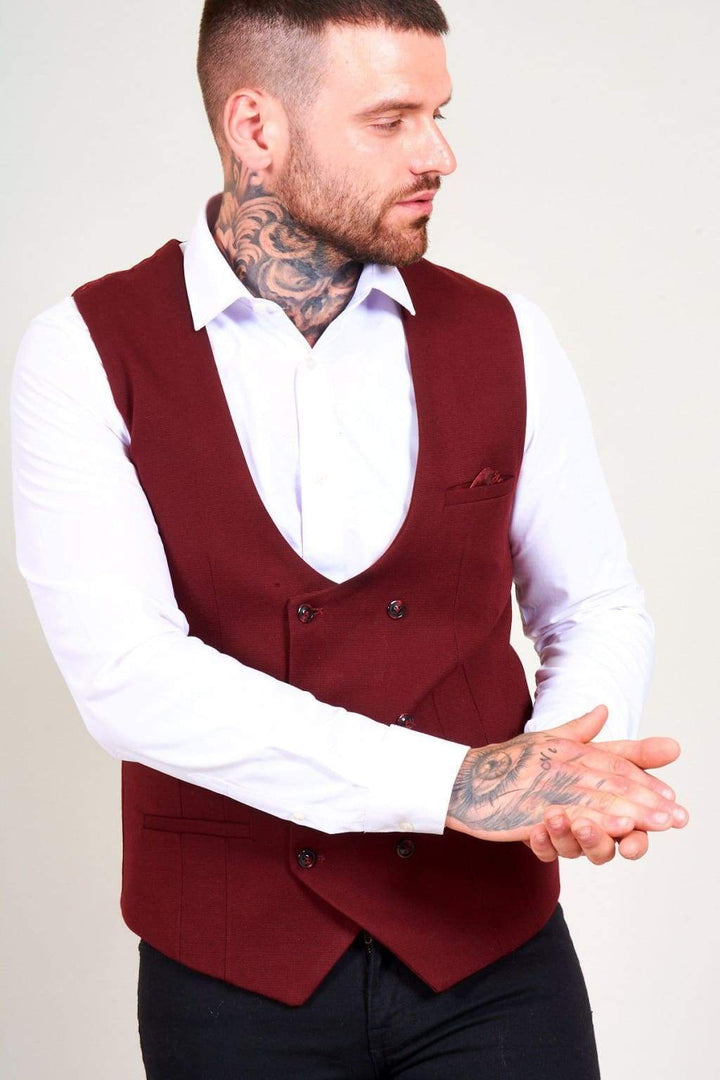Marc Darcy Kelly Men’s Wine Double Breasted Waistcoat - Suit & Tailoring