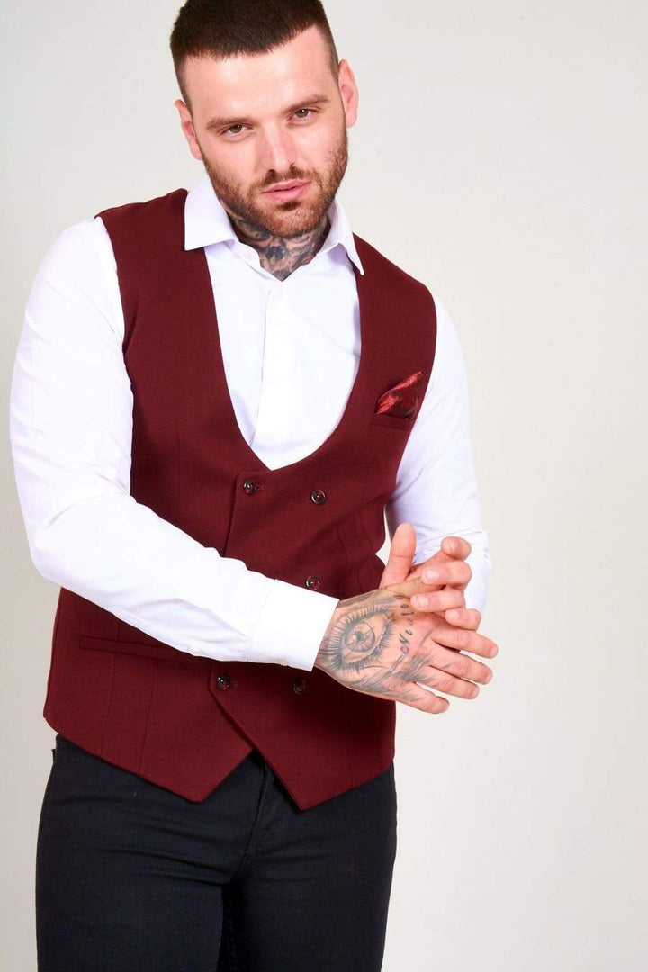 Marc Darcy Kelly Men’s Wine Double Breasted Waistcoat - Suit & Tailoring