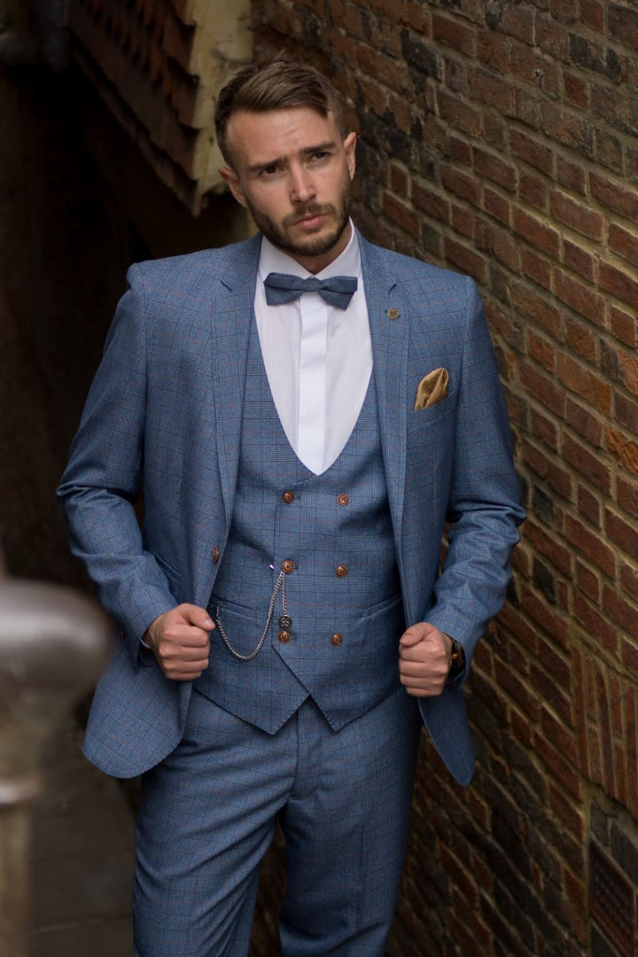 Marc Darcy George Light Blue Check Three Piece Suit - Suit & Tailoring