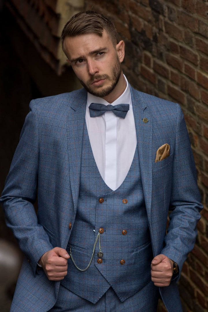 Marc Darcy George Light Blue Check Three Piece Suit - 36R / 30R - Suit & Tailoring