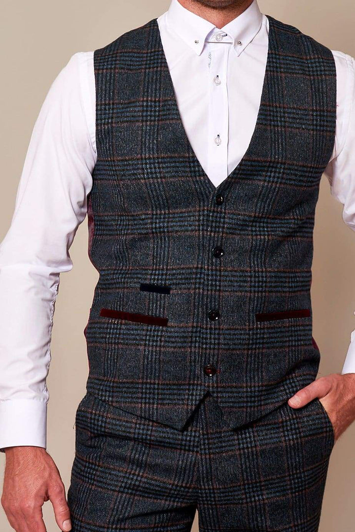 Marc Darcy Luca Men’s Navy Check Tweed Waistcoat - 34R | EU44 - Suit & Tailoring