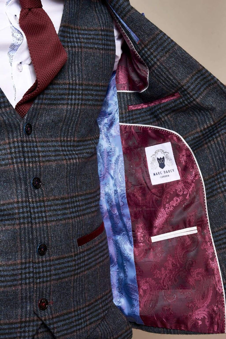 Marc Darcy Luca Men’s Navy Check Tweed Waistcoat - Suit & Tailoring