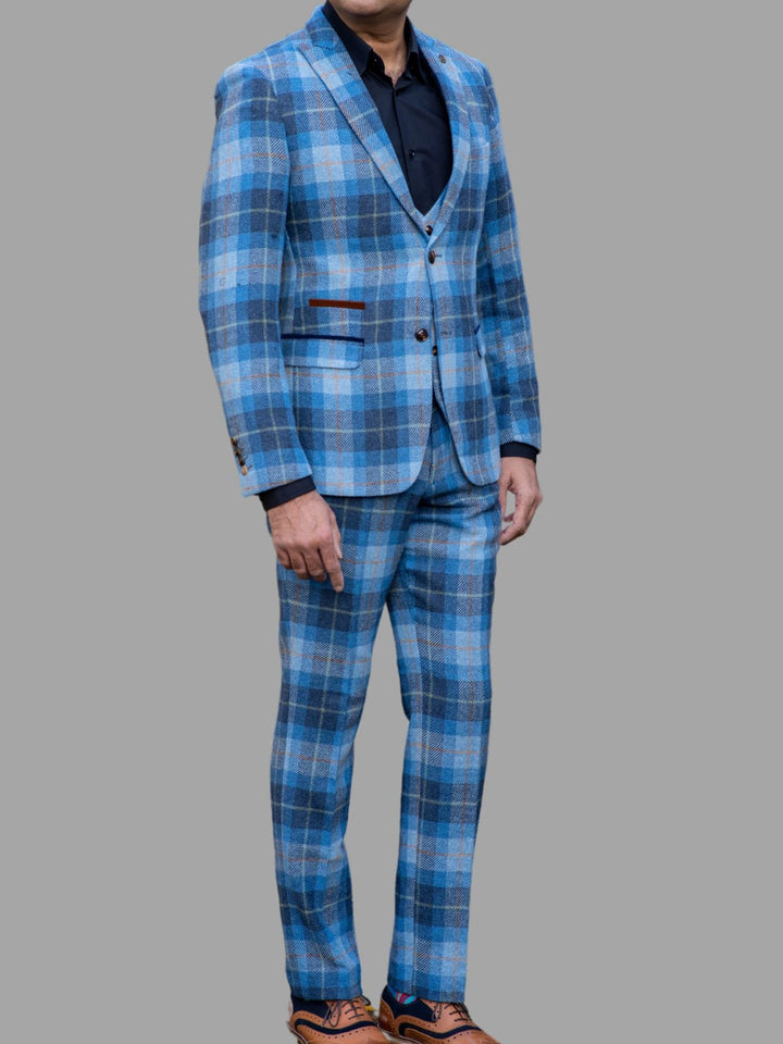 Marc Darcy Morris Blue Tweed Check 3 Piece Suit - Suits