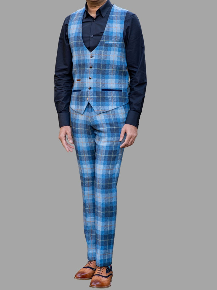 Marc Darcy Morris Blue Tweed Check 3 Piece Suit - Suits