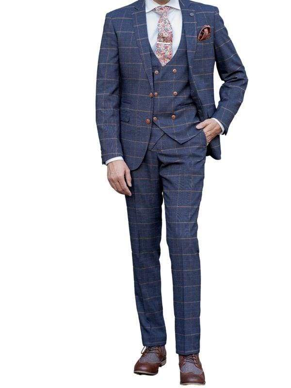 Marc Darcy Jenson Men’s Marine-Navy Slim Fit Check Blazer - Suit & Tailoring