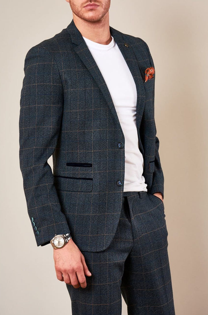 Marc Darcy Scott Blue Tweed Check Blazer - Suit & Tailoring