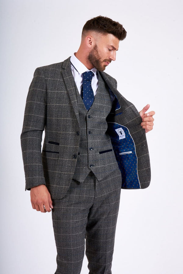 Marc Darcy Scott Grey Tweed Check Three Piece Suit - Suit & Tailoring