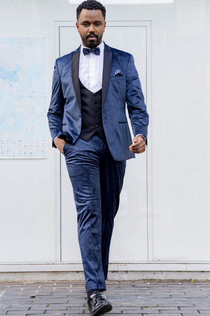 Simon Velvet Navy Blue Paisley 3 Piece Tuxedo Suit - Jackets