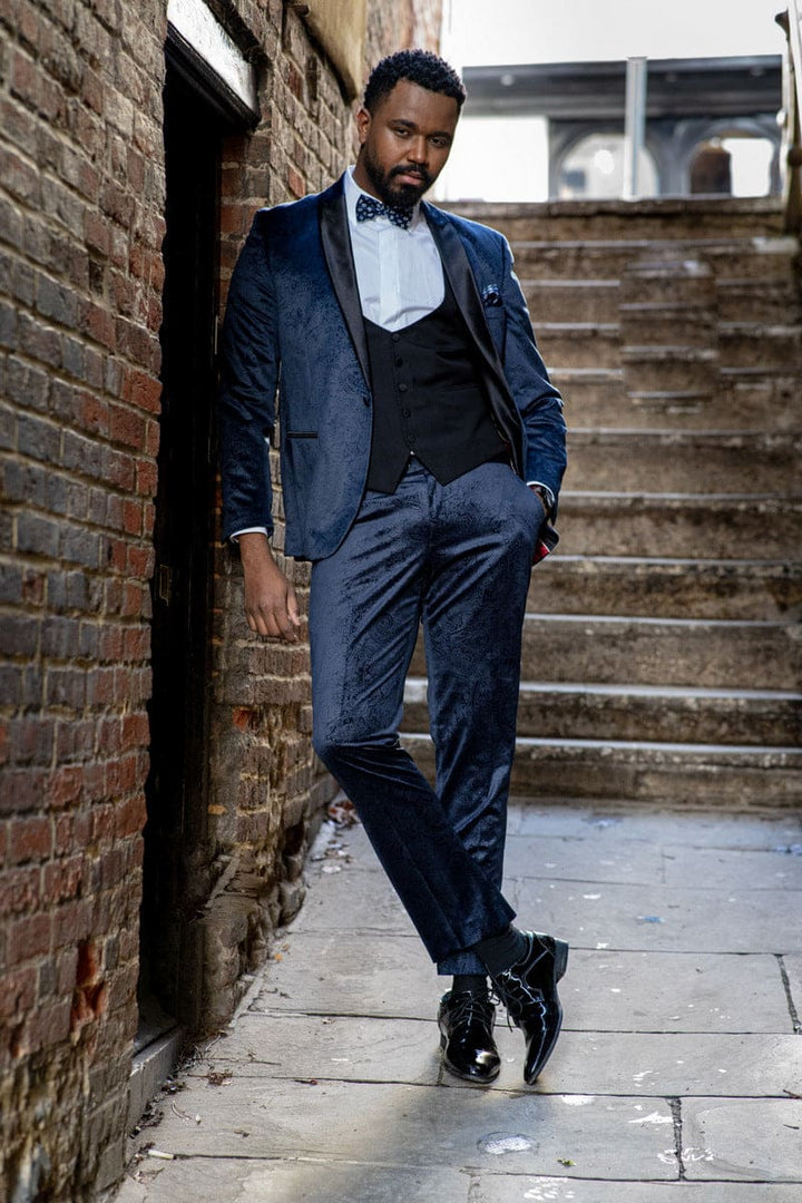 Simon Velvet Navy Blue Paisley 3 Piece Tuxedo Suit - Jackets
