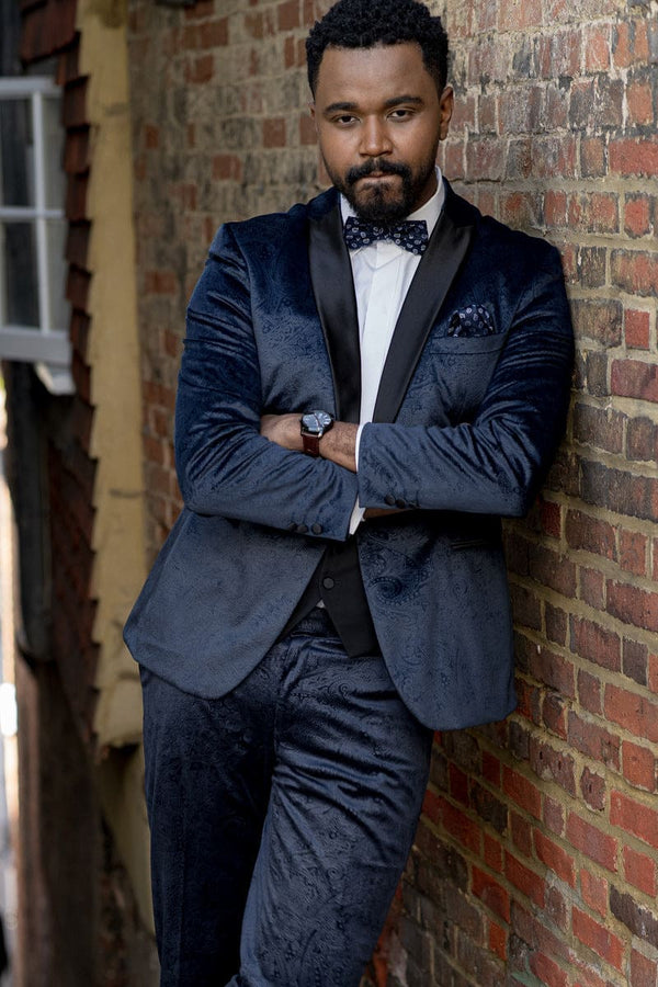 Simon Velvet Navy Blue Paisley 3 Piece Tuxedo Suit - MENSWEARR.COM - Jackets & Blazers