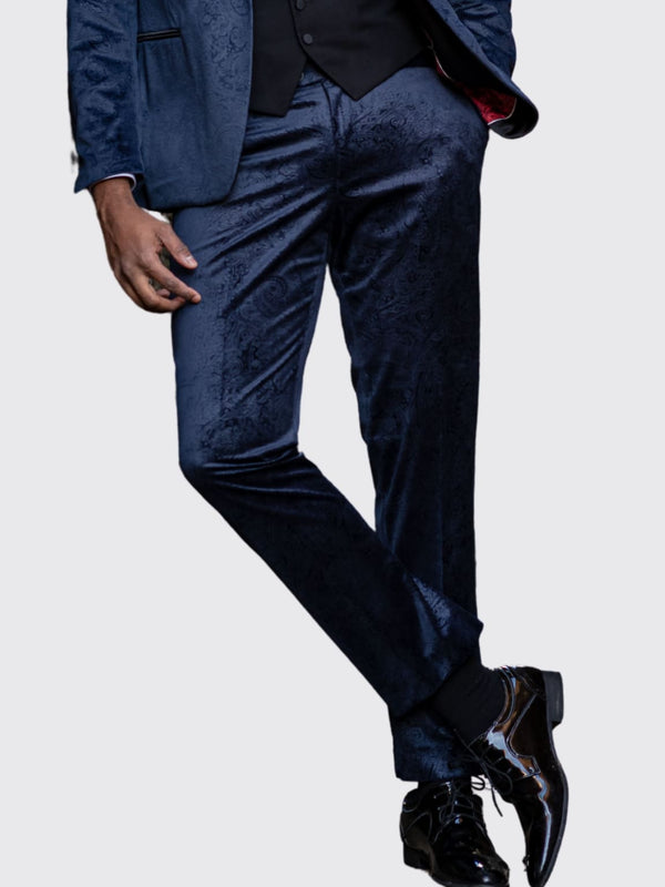 Simon Velvet Navy Blue Paisley Tuxedo Trousers - 28R - Trousers