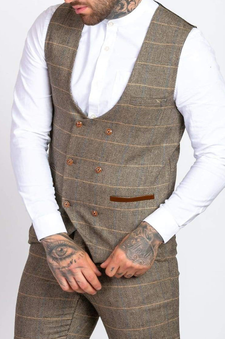 Marc Darcy Tan Tweed Check Double Breasted Waistcoat - Suit & Tailoring