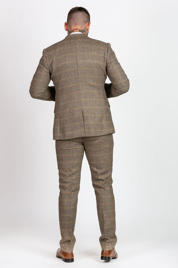 Marc Darcy Ted Mens 3 Piece Tan Slim Fit Tweed Suit - Suit & Tailoring